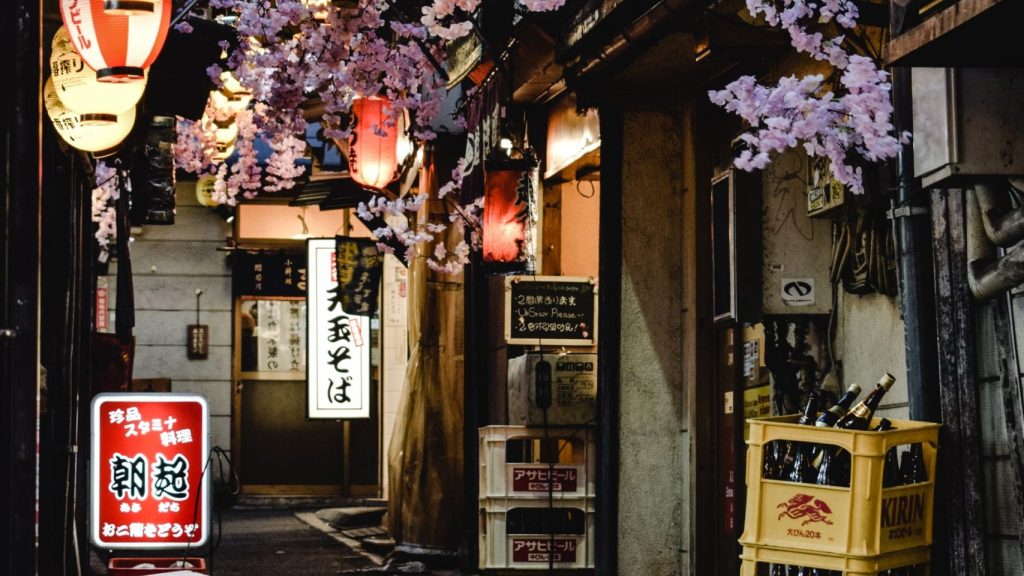 提灯と看板の明かりが灯る夜の狭い飲食店街の路地